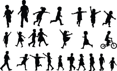 Children silhouette set, cartoon kids running, walking, jumping, dancing, biking, playful poses, vector illustration, childhood activity, expressive movement