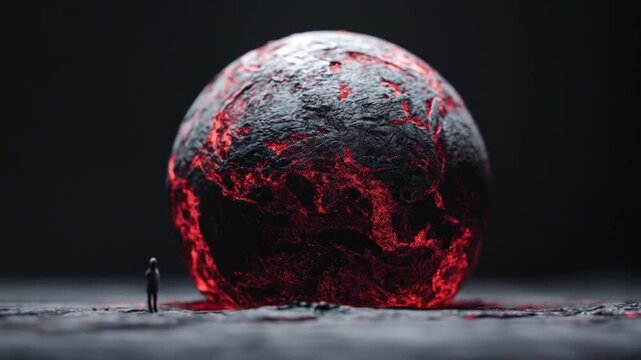 A fiery sphere rests near a tiny figure in a dark, textured landscape