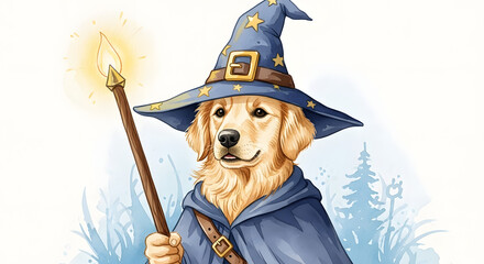 A friendly golden retriever dog dressed as a wizard, holding a glowing wand.