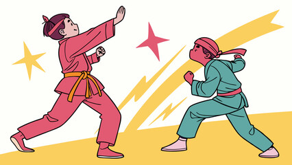 Obraz premium Two children in martial arts uniforms sparring with stars and lightning bolts in the background.