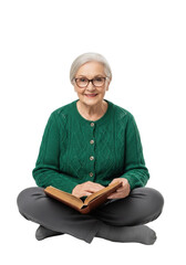 Aged woman in emerald green cardigan, wire-rimmed glasses, holding worn brown leather book, cross-legged on white studio background, soft high-key light, concept of quiet wisdom