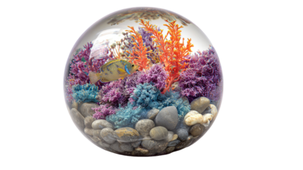 Fantasy coral reef inside glass sphere with colorful marine life underwater aquarium decoration ocean ecosystem isolated on white background