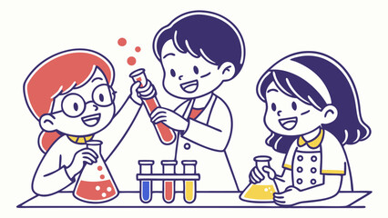 Three children happily conducting a science experiment with beakers and test tubes, observing reactions.