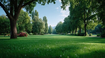 Obraz premium Lush Green Grass Field Under Sunlight With Scattered White Flowers and Distant Trees on Clear Day in Summer