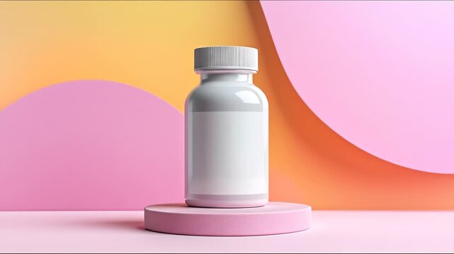 A minimalist product shot of a white bottle with a blank label, displayed on a pink podium against a pastel backdrop.