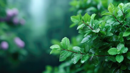 Lush Green Leaves with Water Droplets in Natural Setting with Blurry Background and Soft Lighting Creating Serene and Refreshing Ambiance