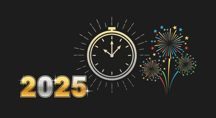 Vector Illustration of 2025 New Year with Clock and Fireworks in Modern Style