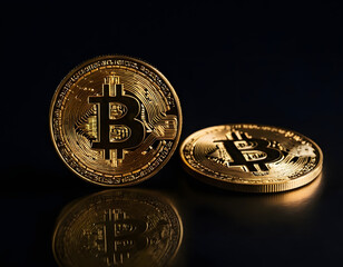 Gold coin Bitcoin on a black background. The concept of cryptocurrency. blockchain technology.