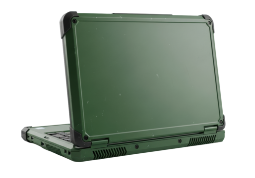 Rugged deep forest green field laptop, reinforced polymer shell, scuffs, lid closed, white background, copy space, soft studio light, industrial durability concept