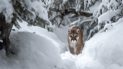 An adventurous mountain lion journey through a snowy passage in a winter forest (3)