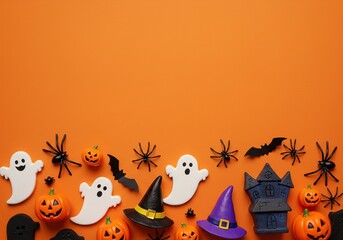 Fototapeta premium Halloween Decorations Border with Ghosts Spiders Pumpkins and Witch Hats.