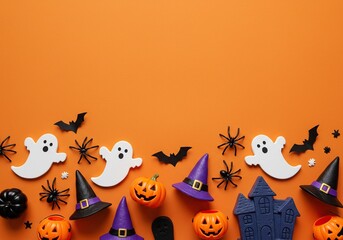 Fototapeta premium Halloween decorations on orange background, festive holiday season.