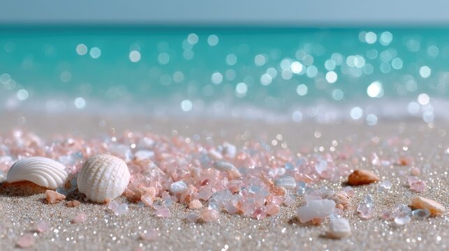 Tropical Beach Sand With Seashells Pink Crystals And Turquoise Ocean Glittering In Sunlight Summer Vacation Background