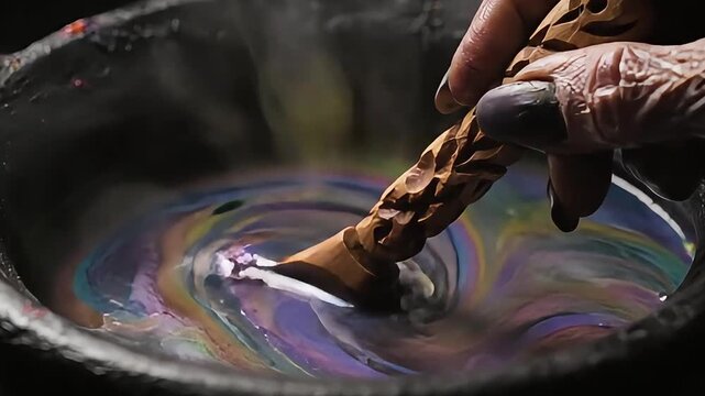 Creating colorful swirls in a pot kitchen cooking process dark environment close-up view artistry and craft