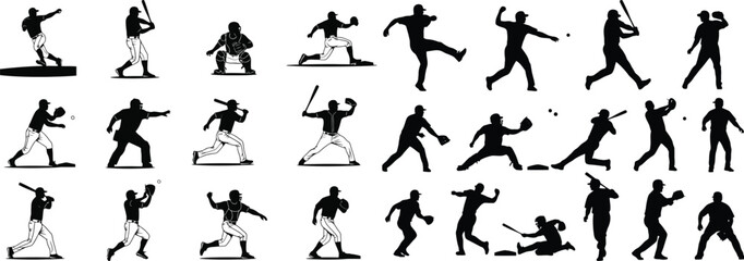 Naklejka premium Dynamic silhouette collection of baseball players in action capturing the spirit of the game