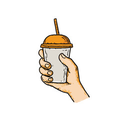 Sketch Hand Holding Plastic Cup with Straw Drink Illustration