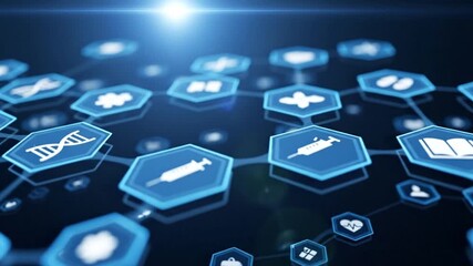 Digital healthcare technology network with medical icons and connecting lines on a dark blue background, representing innovation and connection - Powered by Adobe