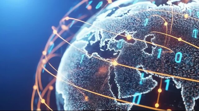 Digital globe with glowing network connections and binary code overlay, representing global connectivity and data transfer - Powered by Adobe