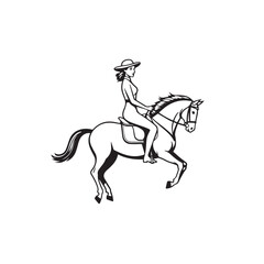 Black and white line art of a beautiful woman with perfect body riding horse elegant minimalist illustration