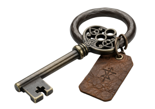 Antique skeleton key crafted from tarnished bronze with intricate filigree and a worn leather tag, on transparent background, concept of ancient mystery
