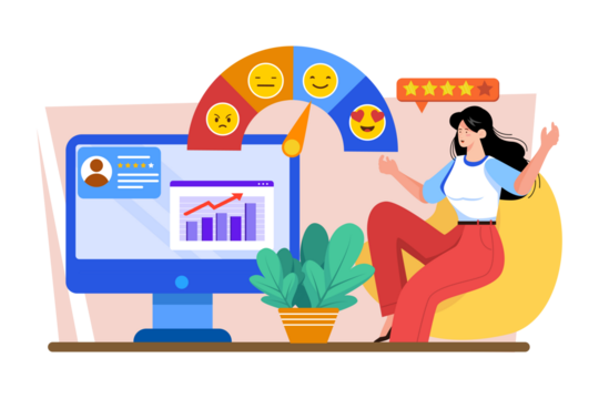 Customer Experience Gauge with User Review and Five Star Rating on Transparent Background