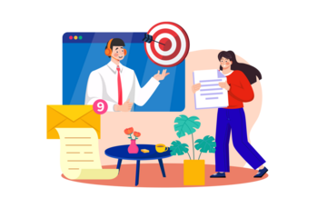 Customer Service Representative Assisting with Goal Setting on Video Call with Woman Reviewing Documents in Transparent Background