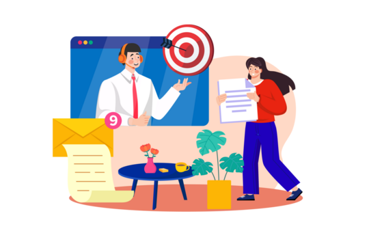 Customer Service Representative Assisting with Goal Setting on Video Call with Woman Reviewing Documents in Transparent Background