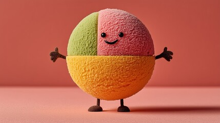 Colorful anthropomorphic ice cream balls with smiling faces, arms, and legs on pastel pink background. Fun minimal summer concept flat lay design.