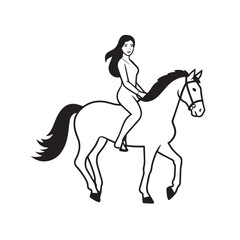 Black and white line art of a beautiful woman with perfect body riding horse elegant minimalist illustration