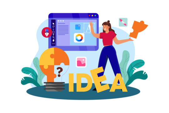 Creative Innovation Illustration Woman Presenting Idea with Lightbulb Puzzle Pieces and Application Mockups on Transparent Background