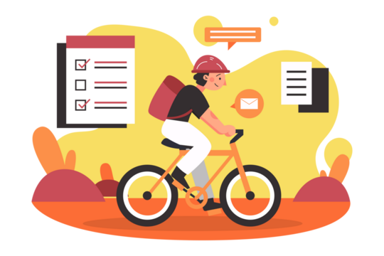 Courier Rides Orange Bicycle with Checklist on Transparent Backdrop Flat Vector Illustration of Delivery Person with Red Helmet - Powered by Adobe