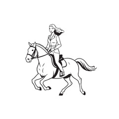 Black and white line art of a beautiful woman with perfect body riding horse elegant minimalist illustration