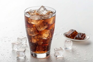 Glass of cola with ice on white background