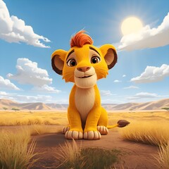 Lion in the savannah. 3D animation style cute cartoon lion sitting under the sun.