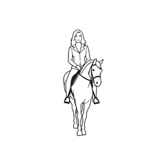 Black and white line art of a beautiful woman with perfect body riding horse elegant minimalist illustration