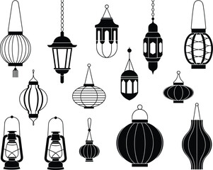 Lantern icon set, traditional and modern styles, decorative lighting, hanging lamps, cultural design, black vector illustration, vintage elements