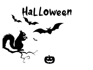 Create Unexpectedly Charming Halloween Design with this New Vector Silhouette Featuring a Squirrel and Flying Bats on a Transparent Background.
