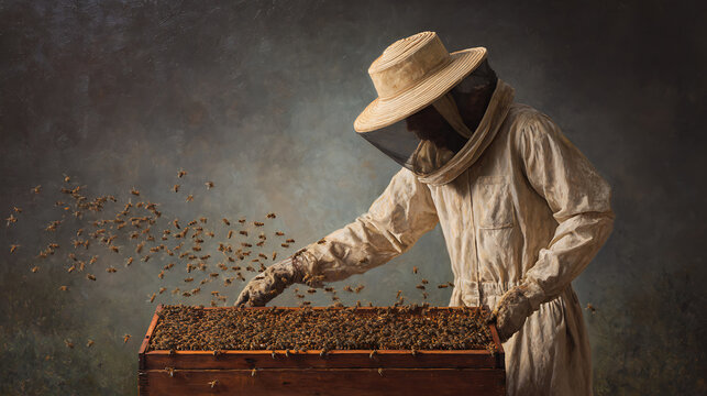 Beekeeper inspecting a hive of bees (1)