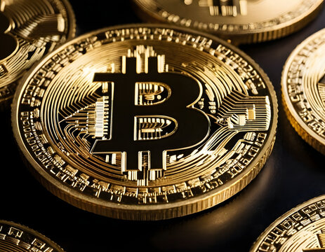 Clos-up of a Gold coin Bitcoin on a black background. The concept of cryptocurrency. blockchain technology.