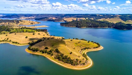 Panoramic view of a reservoir with a heart-shaped peninsula