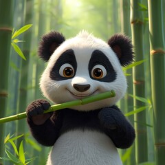 Panda in bamboo forest. 3D animation style cute cartoon panda eating bamboo.