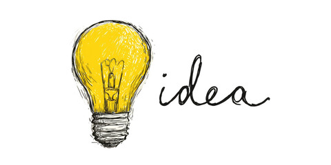 Hand-drawn lightbulb with the word "idea