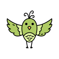 Whimsical Green Bird Doodle Illustration with Black Outline Isolated on Transparent Background Children's Art Style Simple and Playful Design