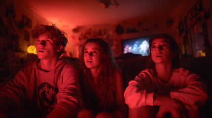 Teenagers watching a scary movie at a Halloween sleepover (1)