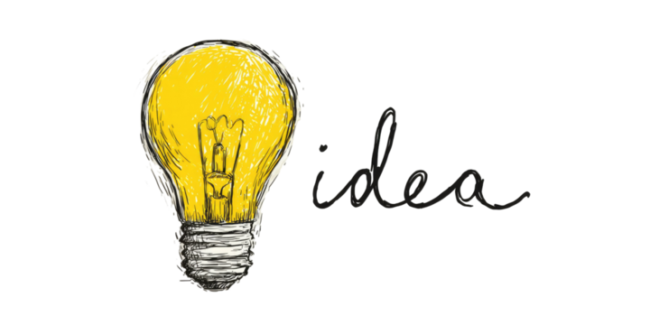 Hand-drawn lightbulb with the word "idea