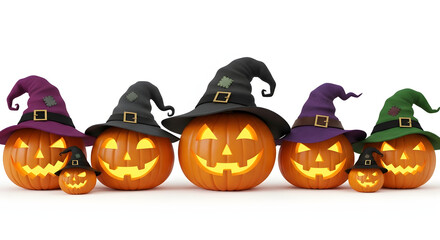 A family of glowing jack-o'-lanterns in various sizes, all wearing colorful witch hats for a festive Halloween celebration.