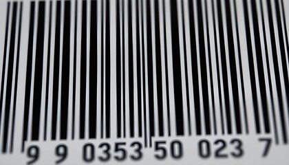 Close-up of a barcode with black and white vertical lines, showing numerical digits.