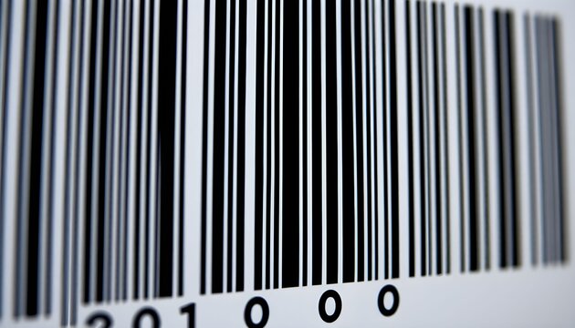 Close-up view of a barcode, displaying black and white vertical lines, with numerical characters.