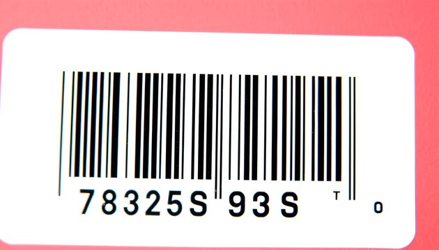 Close-up of a white barcode label with black vertical lines and numbers against a pink background. - Powered by Adobe
