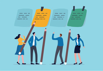 Business brainstorming, meeting to set target and get solution to solve problem or scrum agile method concept, businessman and woman coworkers, colleagues holding pencil with sticky notes on the wall.